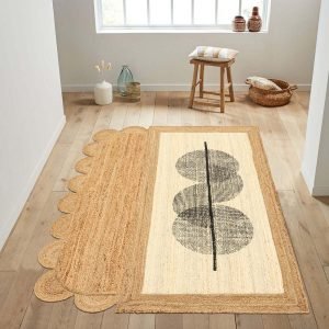 Jute Area Rug Beige Black Block Printed Rug