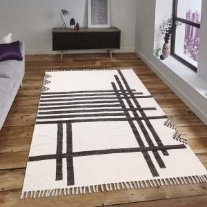 Hand Block Printed Black Striped Cotton Rug