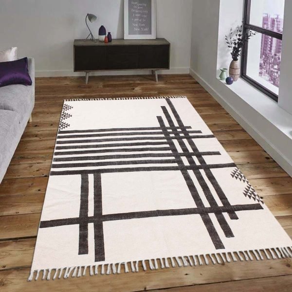 Hand Block Printed Black Striped Cotton Rug - Image 2