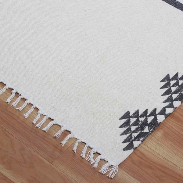 Hand Block Printed Black Striped Cotton Rug - Image 8