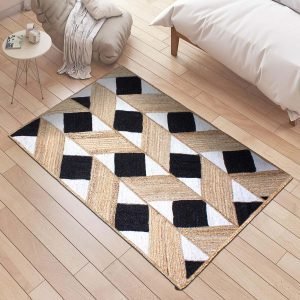 Indian Handmade Black White Geometric Jute Square Area Rug