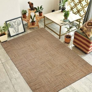 Handmade Natural Jute Geometric Beige Checked Area Rug