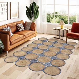 Handmade Beige Blue Scalloped Jute Rug