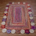 Hand Braided Scalloped Multicolor Cotton and Jute Square Rug