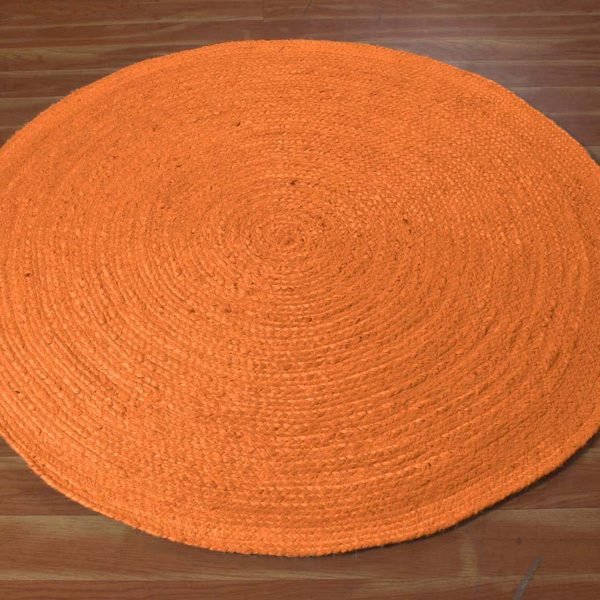 Hand Braided Round Geometric Orange Rug - Image 3