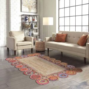 Hand Braided Scalloped Cotton and Jute Multicolor Square Rug