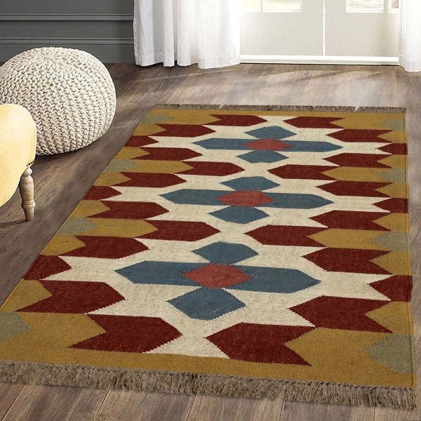 Handwoven Wool Jute Kilim Geometric Brown Dining Area Rug - Image 2