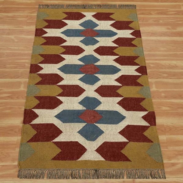 Handwoven Wool Jute Kilim Geometric Brown Dining Area Rug - Image 3