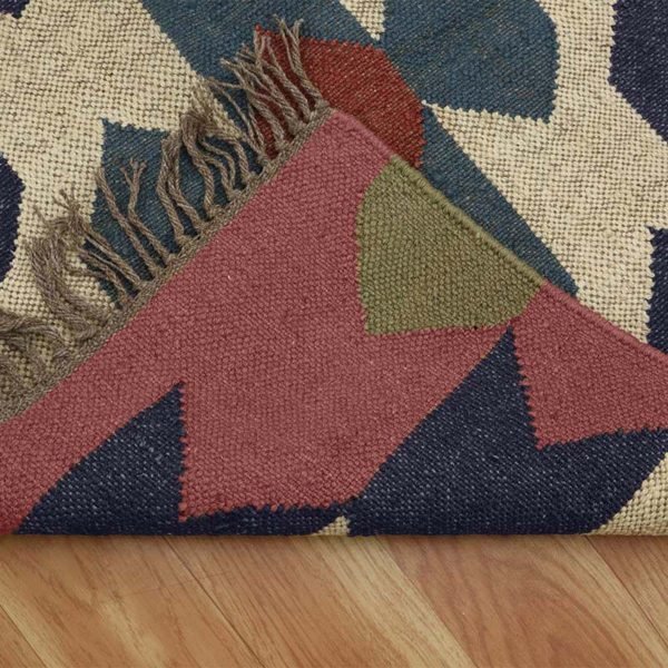 Wool Jute Geometric Handwoven Pink Blue Rug - Image 5