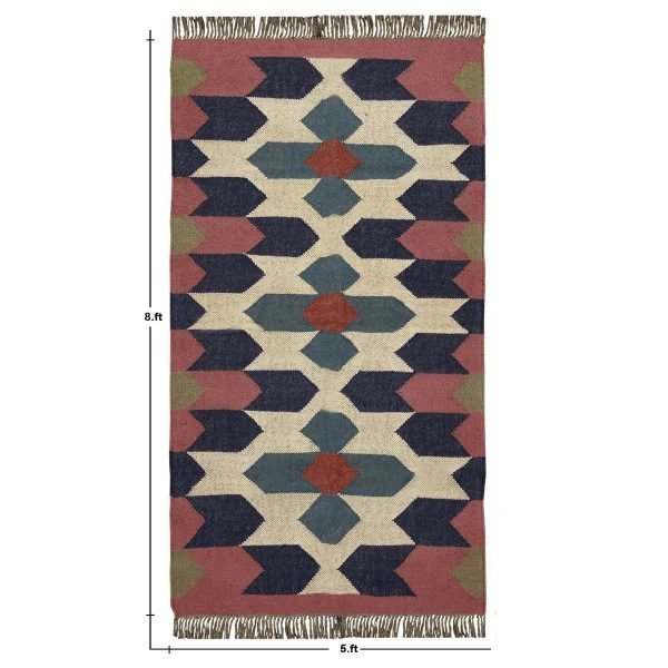 Wool Jute Geometric Handwoven Pink Blue Rug - Image 8