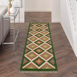 Wool and Jute Kilim Green Runner Area Rug