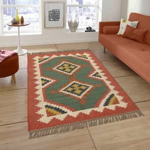 Wool Jute Green Hand woven Kilim Area Rug