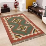 Wool Jute Green Hand woven Kilim Area Rug