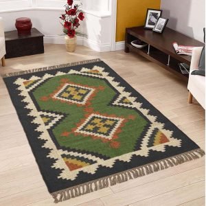 Wool Jute Green Handwoven Kilim Area Rug