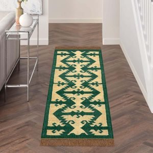 Wool Green Kilim Handwoven Runner Area Rug