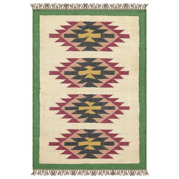 Green Bordered Hand Woven Wool Jute Area Rug