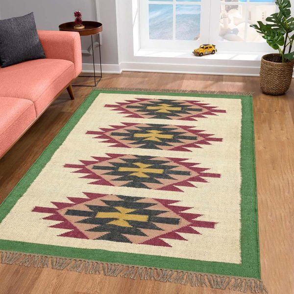 Green Bordered Hand Woven Wool Jute Area Rug - Image 2