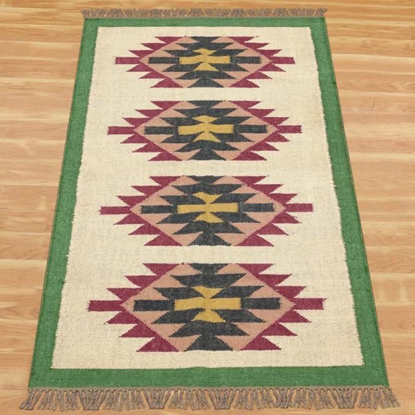 Green Bordered Hand Woven Wool Jute Area Rug - Image 3