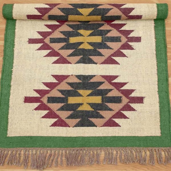 Green Bordered Hand Woven Wool Jute Area Rug - Image 4