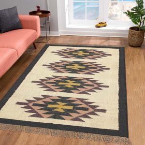 Indian Hand Woven Wool Jute Kilim Black Large Area Rug