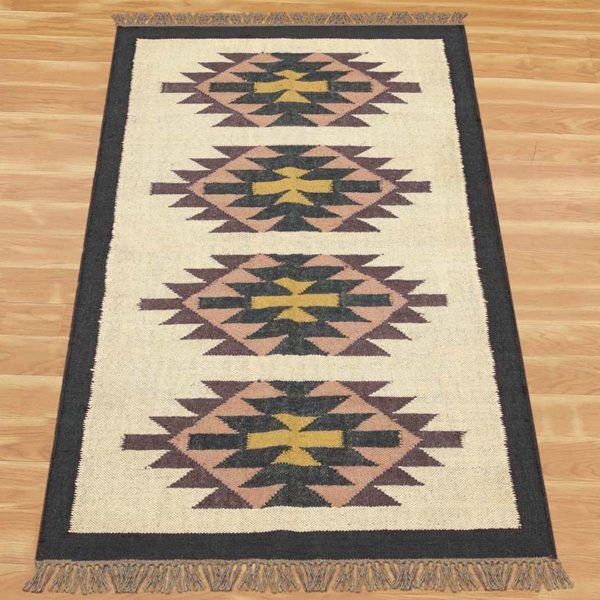 Indian Hand Woven Wool Jute Kilim Black Large Area Rug - Image 3