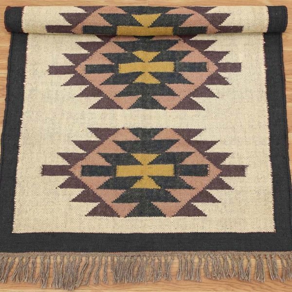 Indian Hand Woven Wool Jute Kilim Black Large Area Rug - Image 4