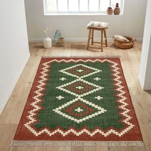 Geometric Wool Jute Kilim Handwoven Green Rug