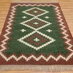 Geometric Wool Jute Kilim Handwoven Green Rug