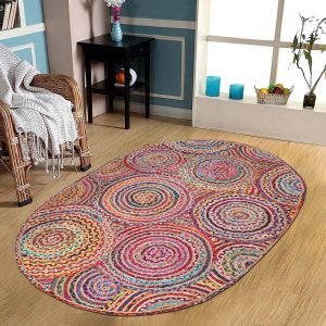 Oval Multicolor Cotton Jute Handmade Rug