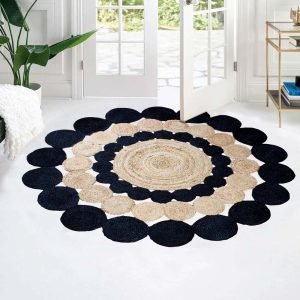 Scalloped Beige Black Jute Round Area Rug