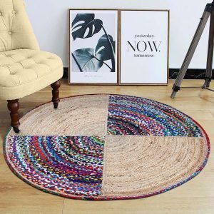 Indian Hand Braided Cotton Jute Multicolor Round Area Rug