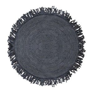 A round, dark gray woven rug measuring 5 feet in diameter. The rug features tightly braided concentric circles at the center and has fringe around the edges.