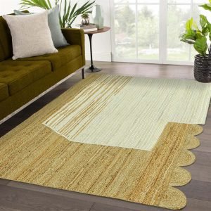 Handmade Beige White Jute Scalloped Area Rug