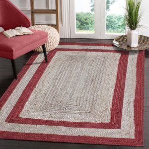 Jute Red Beige Indian Handmade Bordered Rug