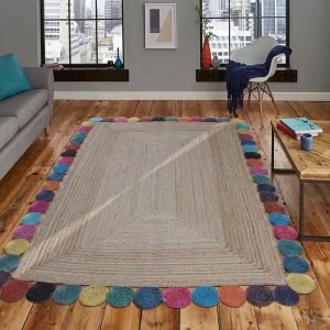 Handmade Beige Jute Scalloped Multicolor Rug