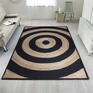 Hand Braided Striped Black Beige Area Rug