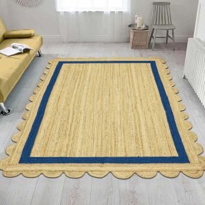 Scalloped Jute Beige Blue Hand Braided Rug