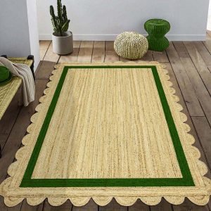 Handmade Scalloped Green Beige Jute Area Rug