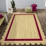 Hand Braided Scalloped Beige Maroon Jute Rug