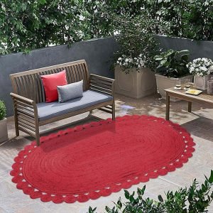 Red Scalloped Jute Runner Solid Large Area Rug