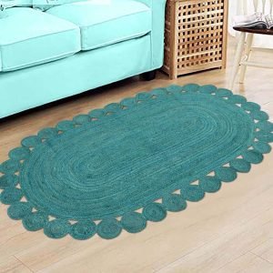 Solid Large Turquoise Scalloped Jute Hall Area Rug