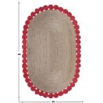 Beige Red Scalloped Bordered Oval Area Rug