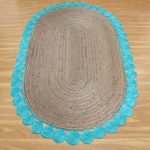 Oval Solid Beige Turquoise Scalloped Area Rug