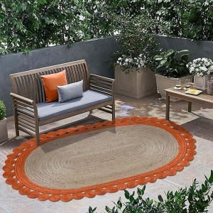 Beige Orange Scalloped Oval Geometric Rug