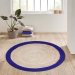 Hand Braided Beige Blue Bordered Round Rug