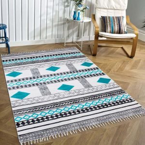 Hand Block Print Turquoise Rectangle Cotton Area Rug