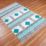 Hand Block Print Turquoise Rectangle Cotton Area Rug