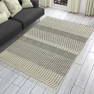 Beige Hand Block Printed Geometric Cotton Rug