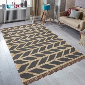 Hand Woven Gray Beige Geometric Wool Jute Rug