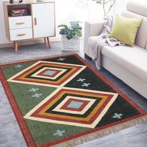 Hand Woven Green Geometric Wool Jute Rug